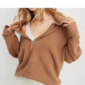 Aerie Cozy Up Waffle Half Zip Oversized Sweater